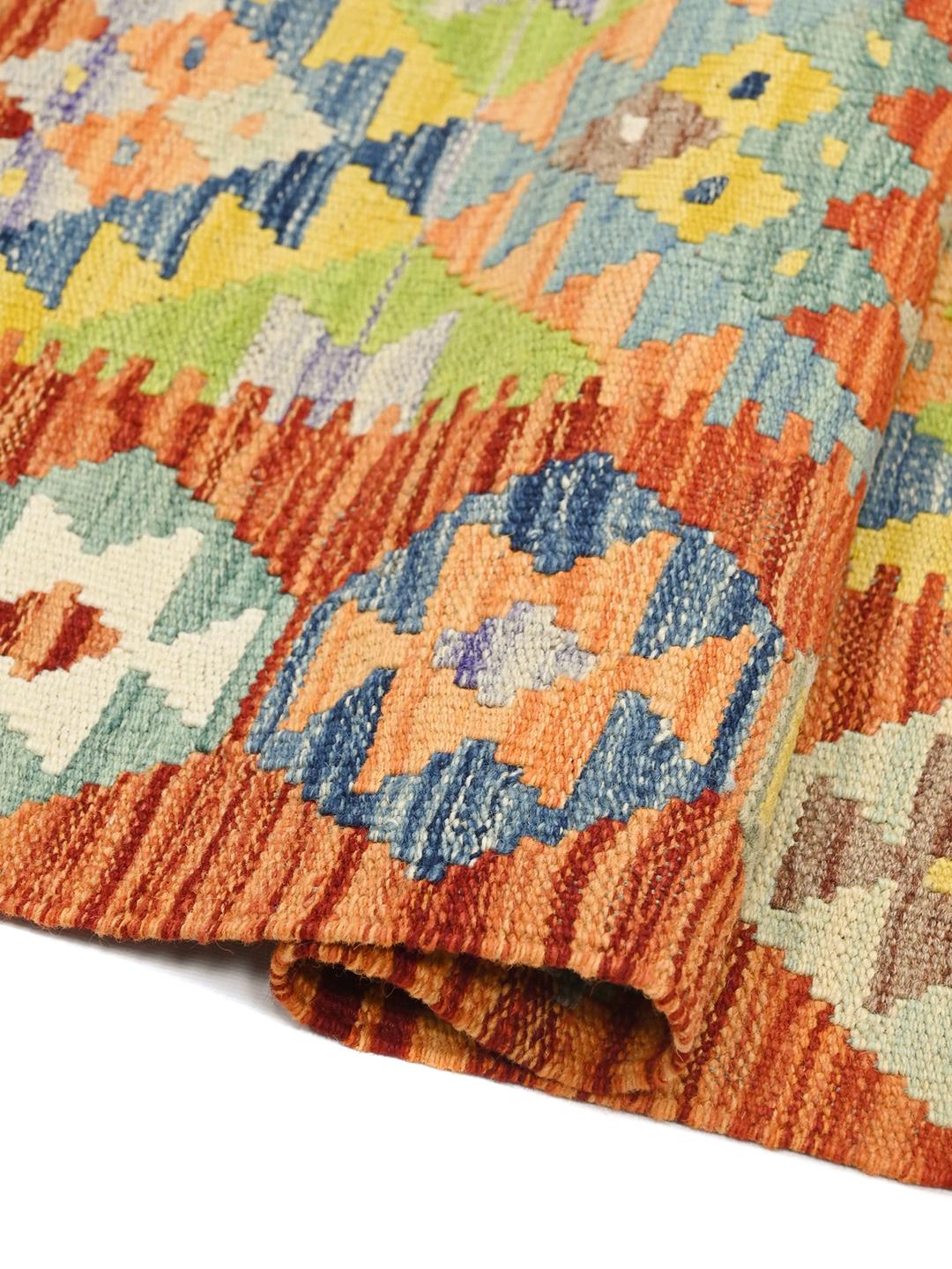 Hand-woven Kelim Afghan Old Style wool runner rug in red and multicolor
