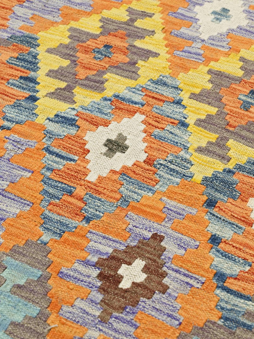 Hand-woven Kelim Afghan Old Style wool runner rug in orange and multicolor