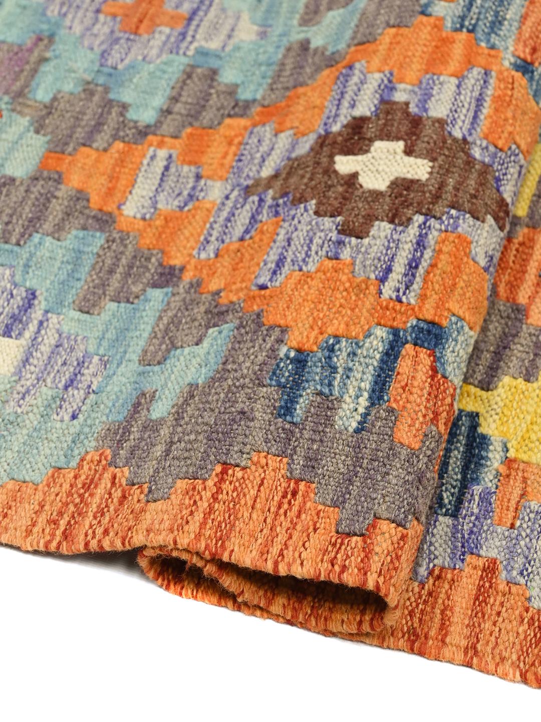 Hand-woven Kelim Afghan Old Style wool runner rug in orange and multicolor