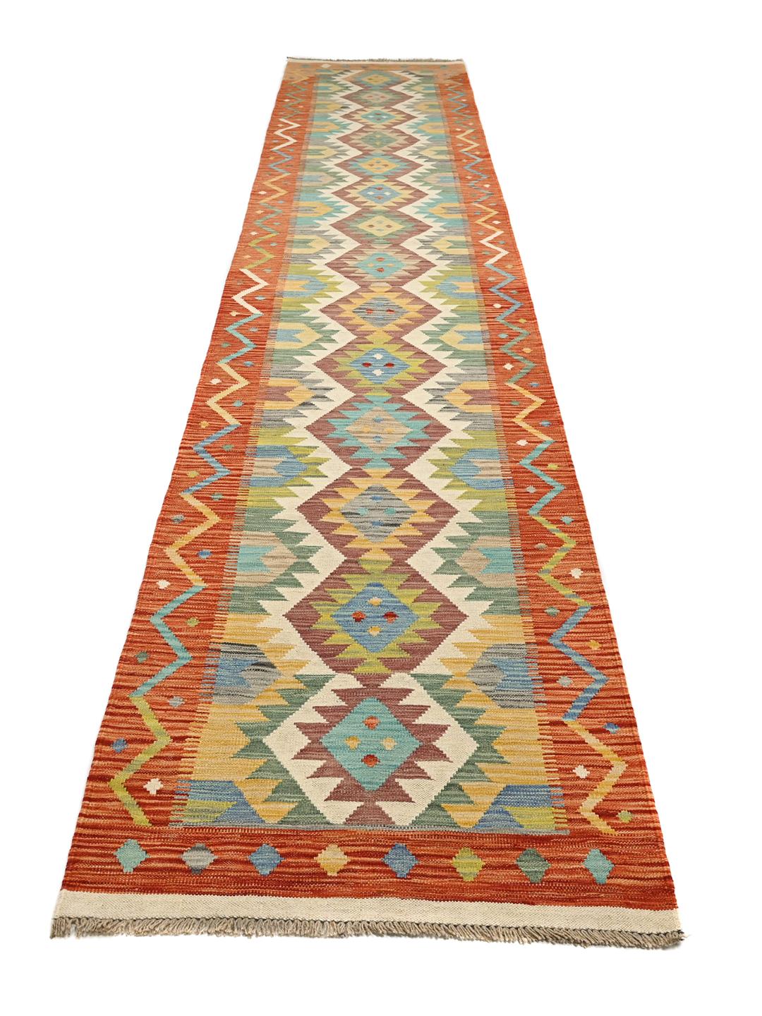 Handgeweven Kelim Afghan Old Style loper in rood en meerkleurig
