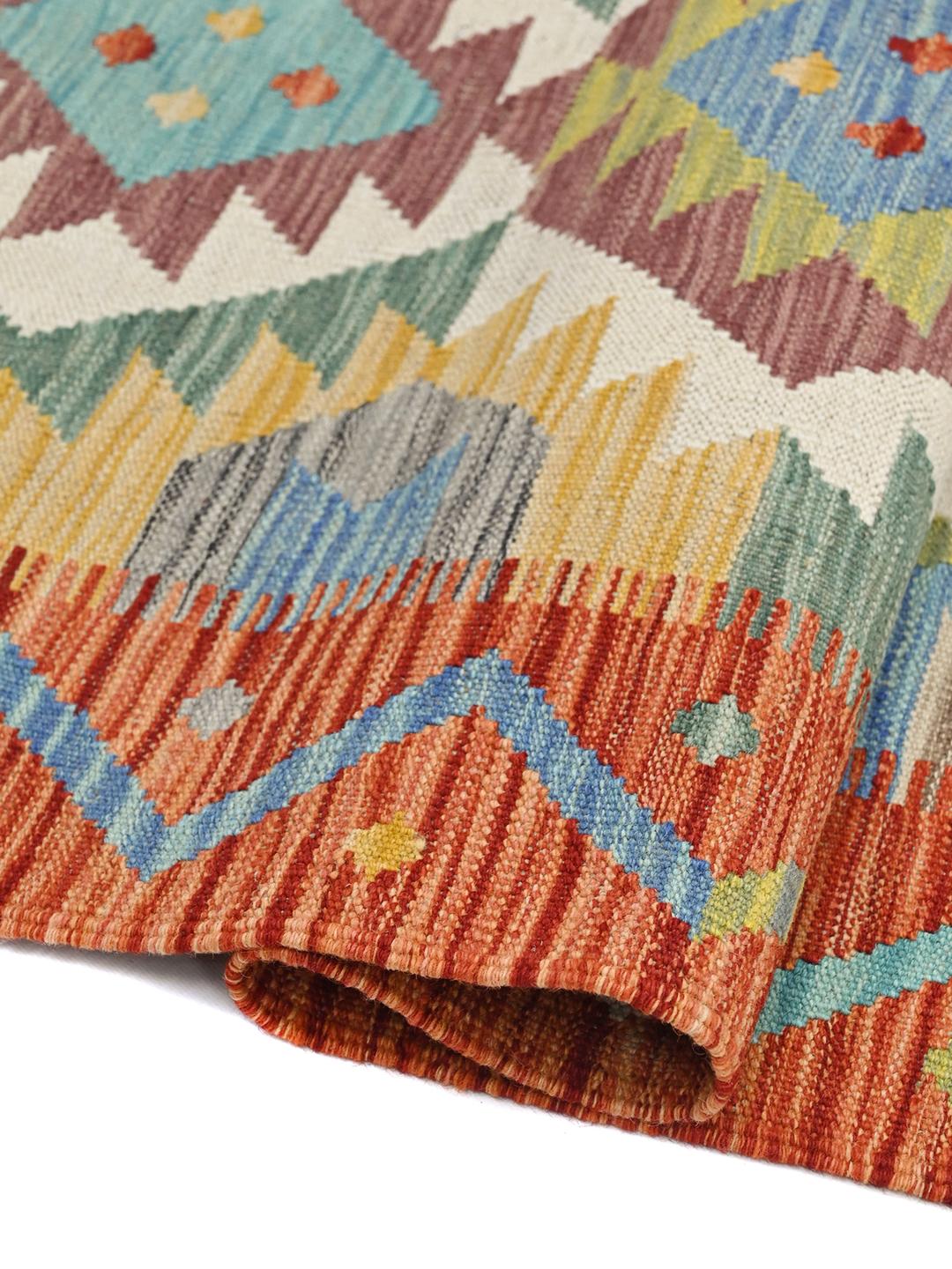 Handgeweven Kelim Afghan Old Style loper in rood en meerkleurig