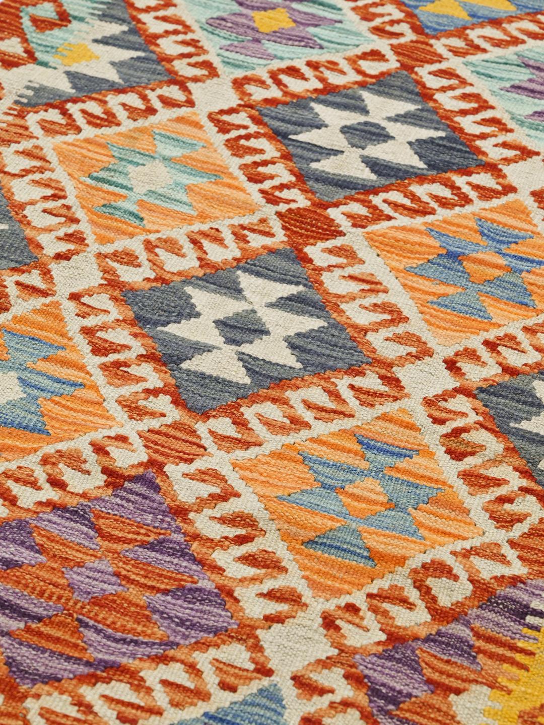 Hand-woven Kelim Afghan Old Style runner rug in orange and multicolor