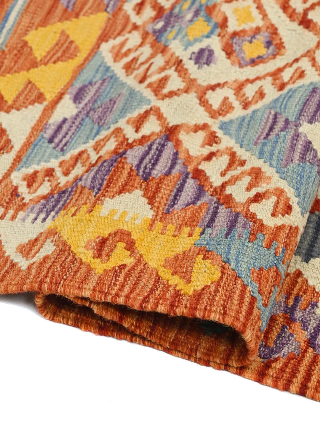Hand-woven Kelim Afghan Old Style runner rug in orange and multicolor