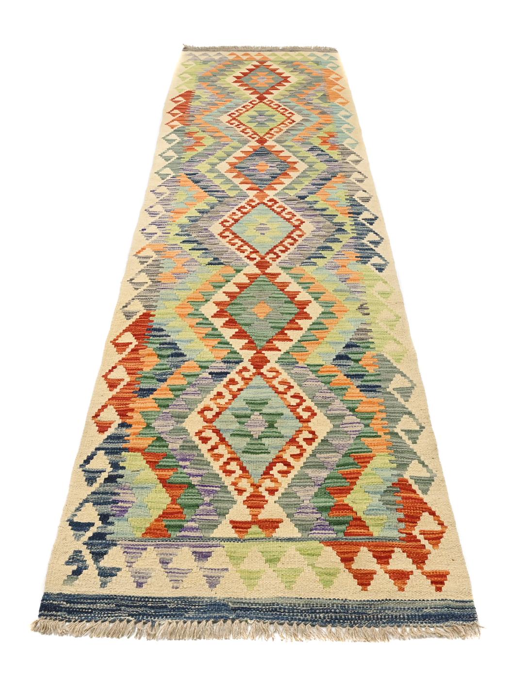 Tapis couloir Kelim Afghan Old Style tissé à la main en laine multicolore et beige
