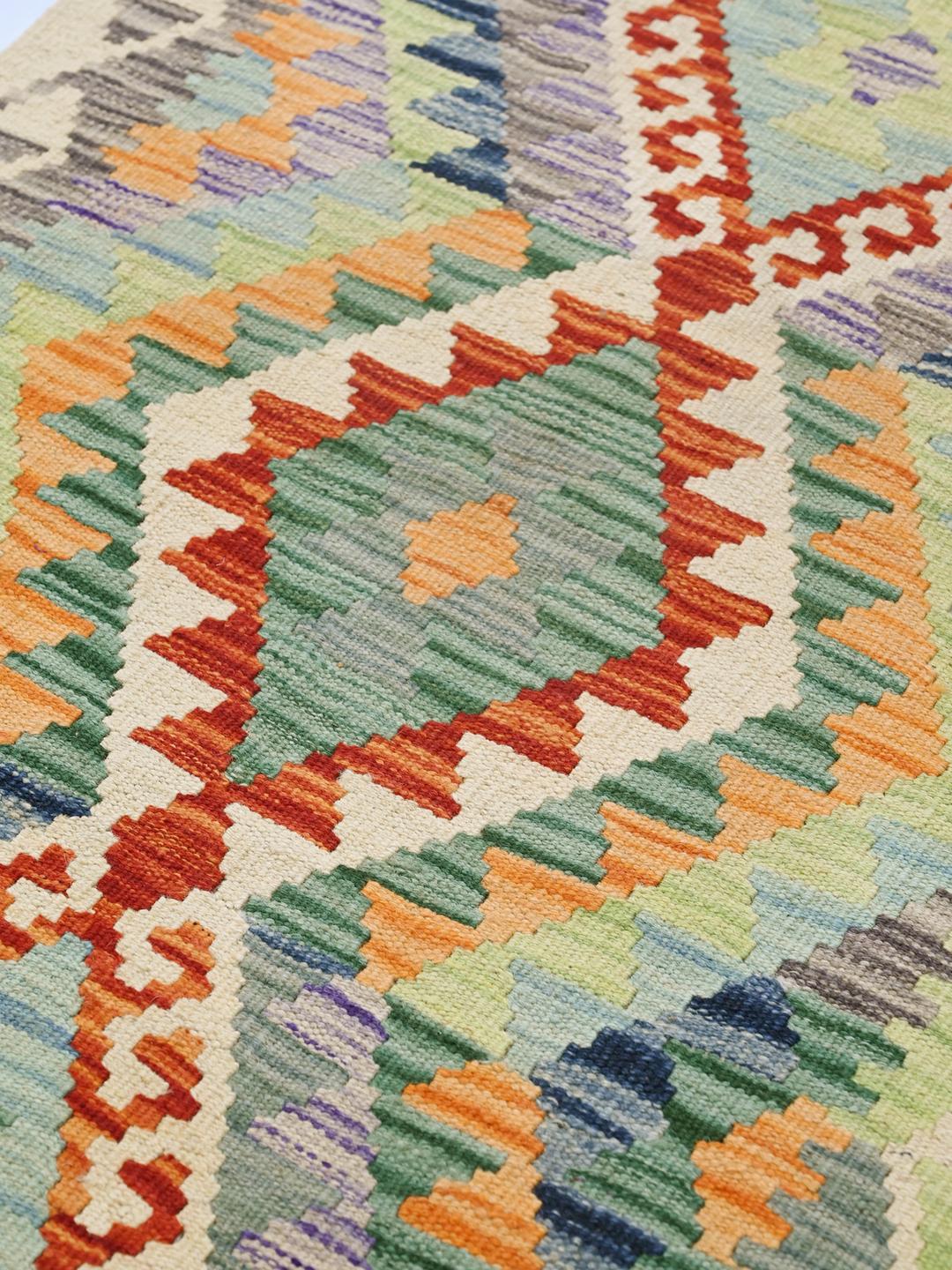 Tapis couloir Kelim Afghan Old Style tissé à la main en laine multicolore et beige