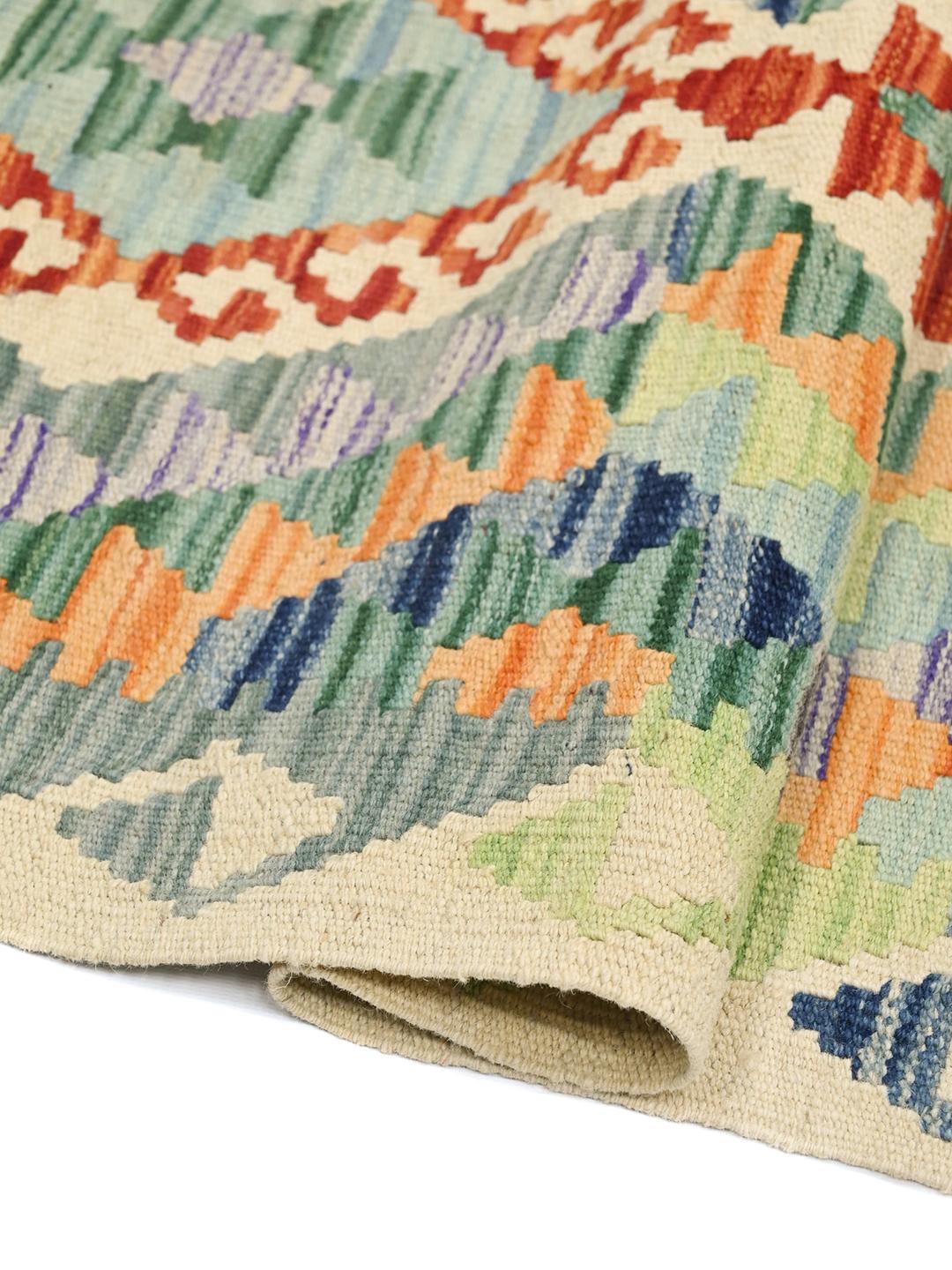 Tapis couloir Kelim Afghan Old Style tissé à la main en laine multicolore et beige