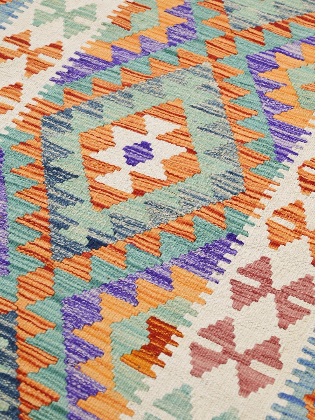 Hand-woven Kelim Afghan Old Style runner rug in orange and multicolor