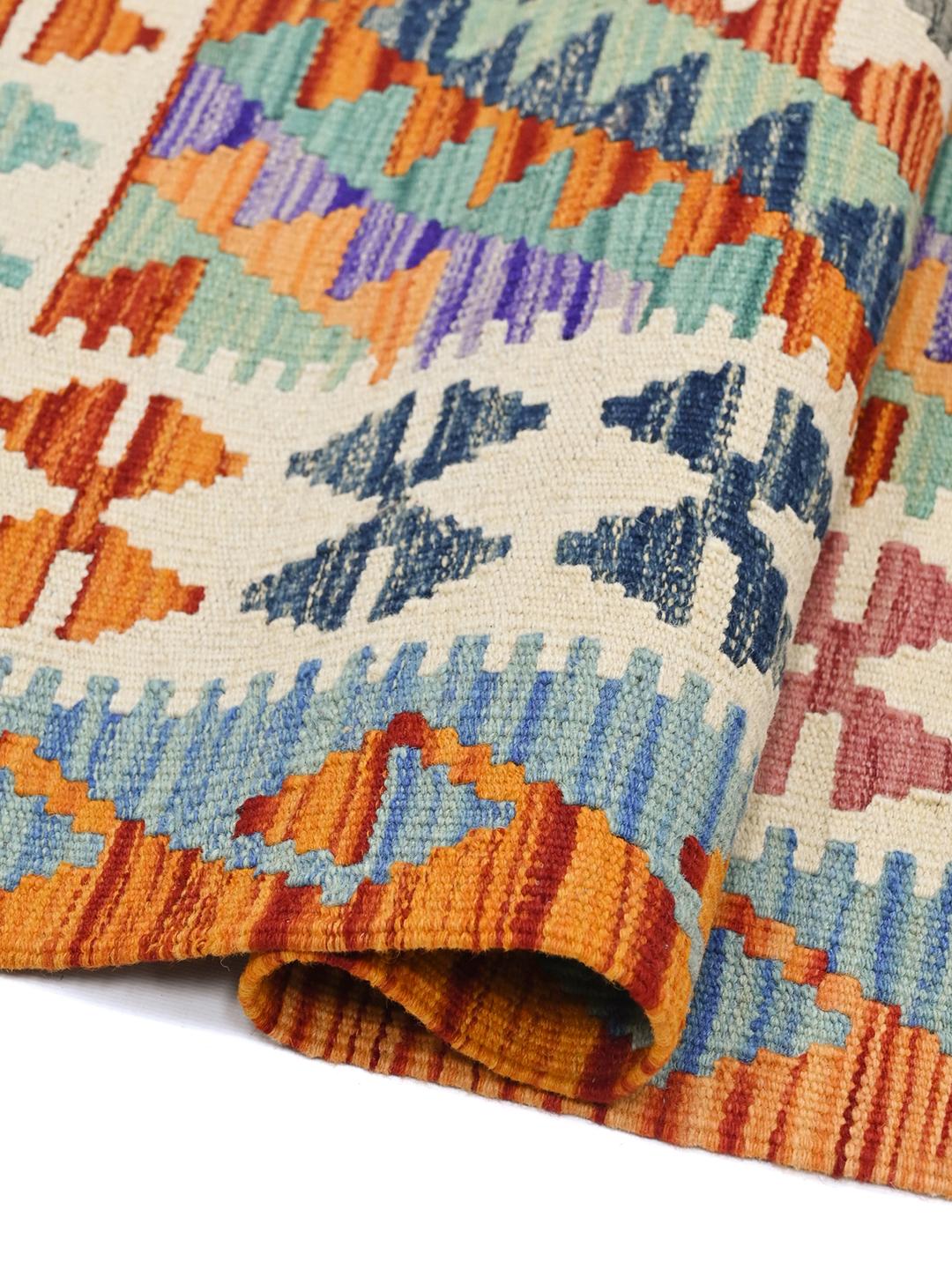Hand-woven Kelim Afghan Old Style runner rug in orange and multicolor