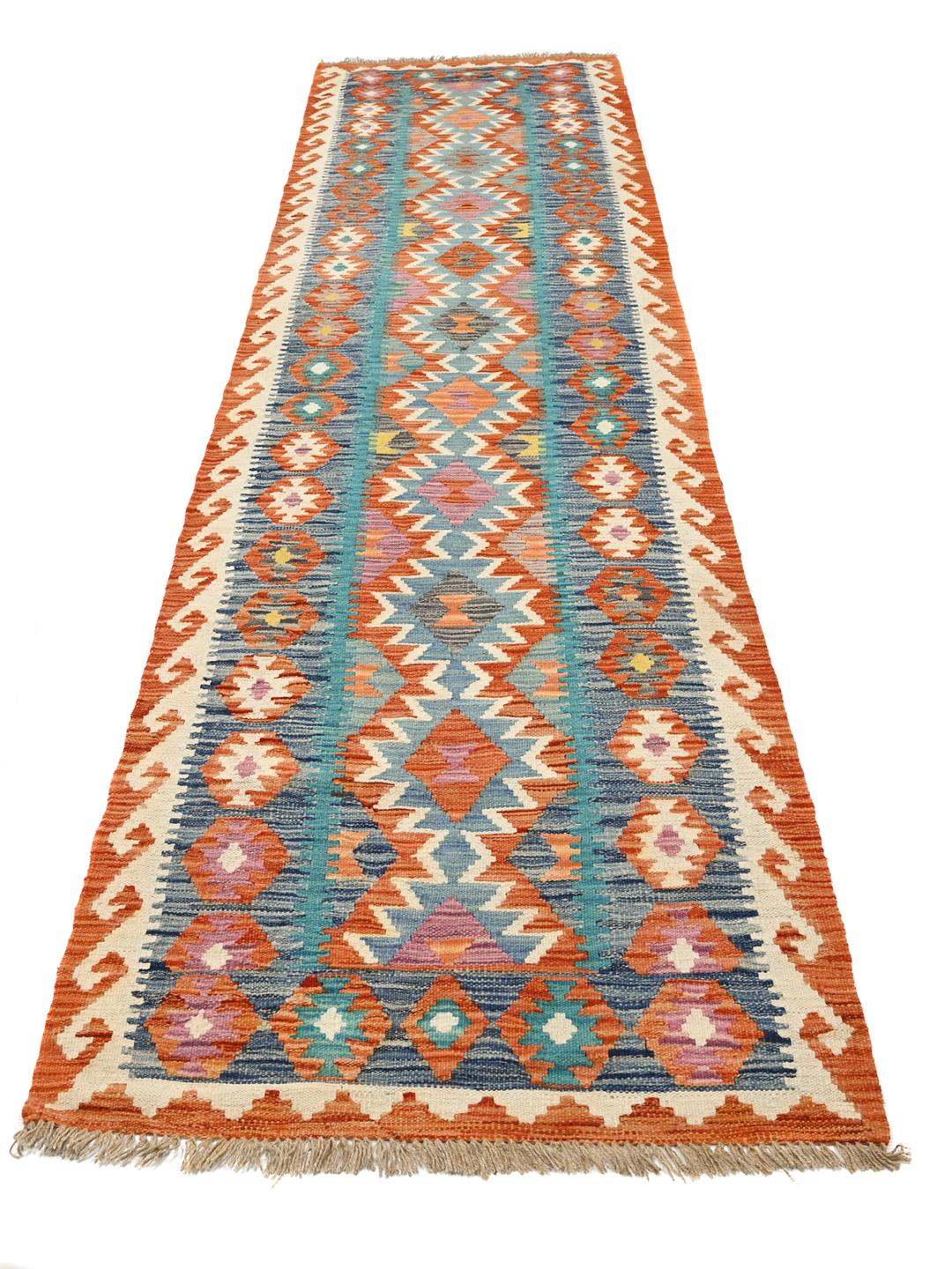 Handgeweven Kelim Afghan Old Style loper in blauw en oranje uit Afghanistan