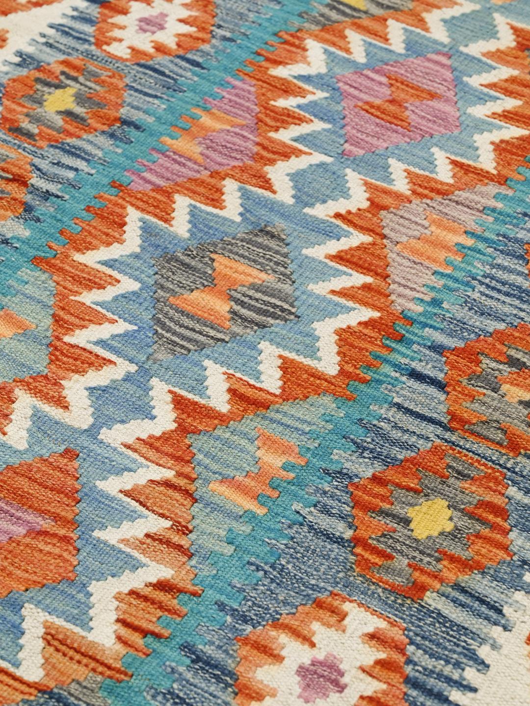 Handgeweven Kelim Afghan Old Style loper in blauw en oranje uit Afghanistan