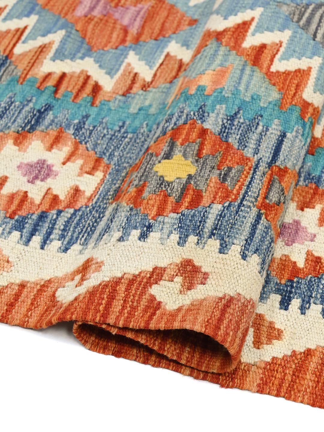 Handgeweven Kelim Afghan Old Style loper in blauw en oranje uit Afghanistan