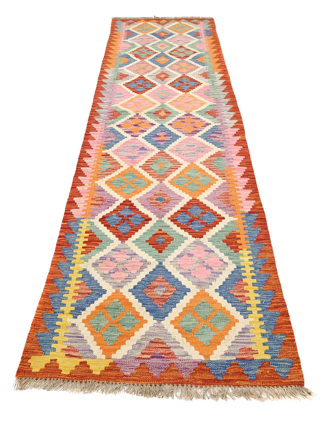 Handgeweven Kelim Afghan Old Style loper in rood en veelkleurige wol