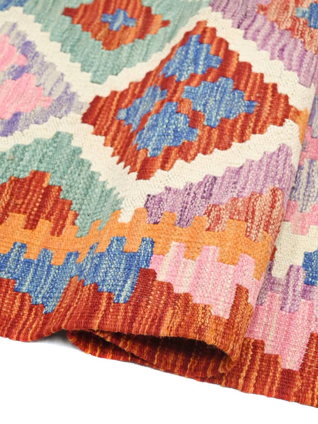 Handgeweven Kelim Afghan Old Style loper in rood en veelkleurige wol