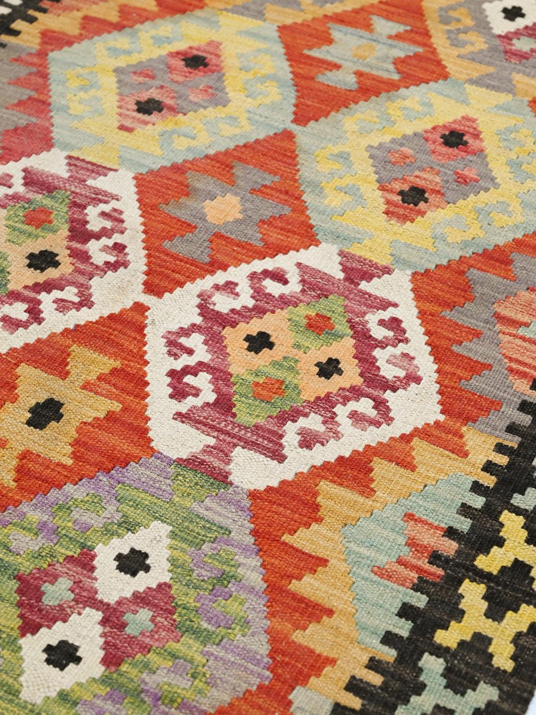 Håndvævet Kelim Afghan Old Style uldløber i rød og flerfarvet