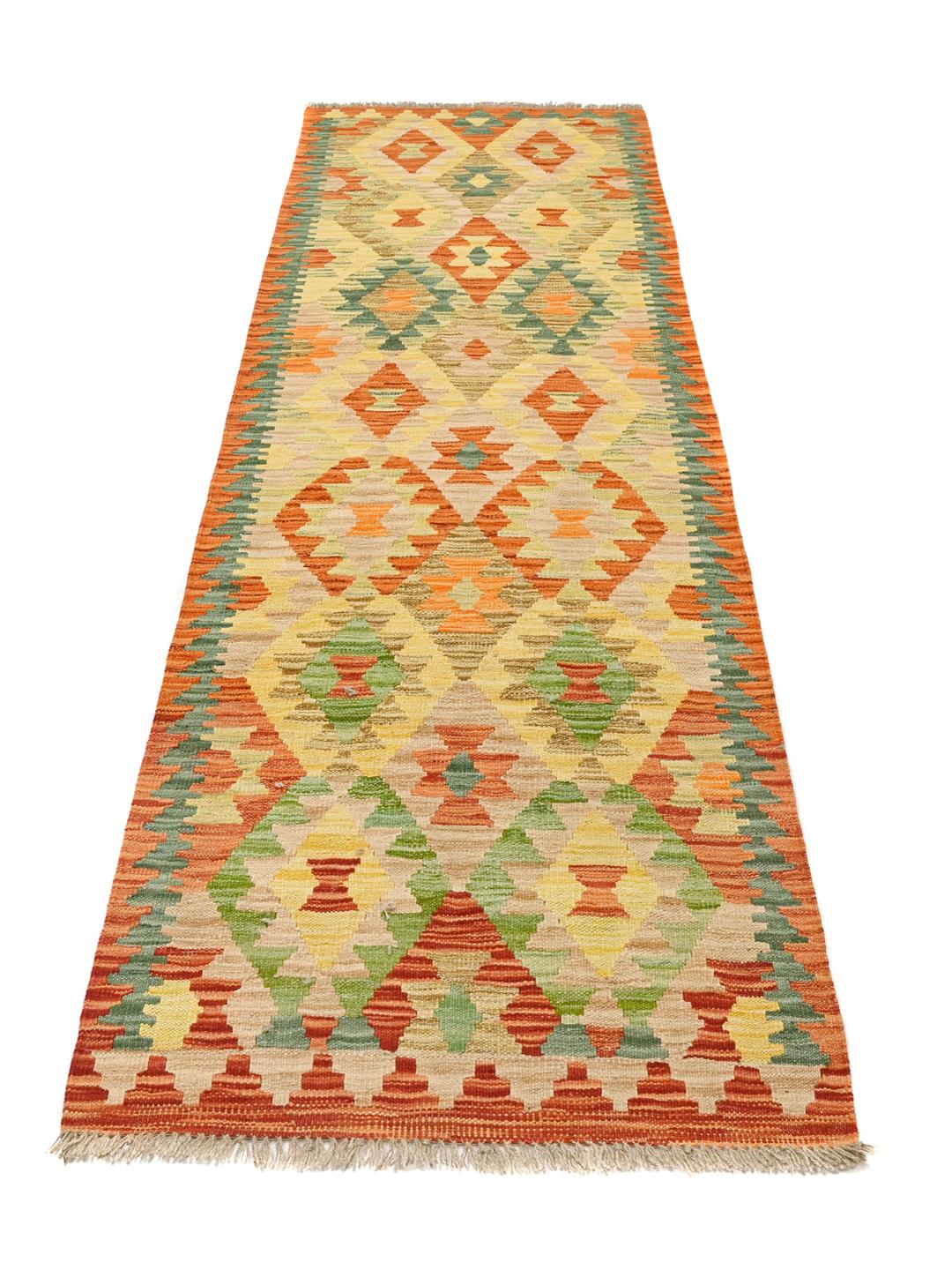 Tapis couloir Kelim Afghan tissé à la main dans des tons orange et vert