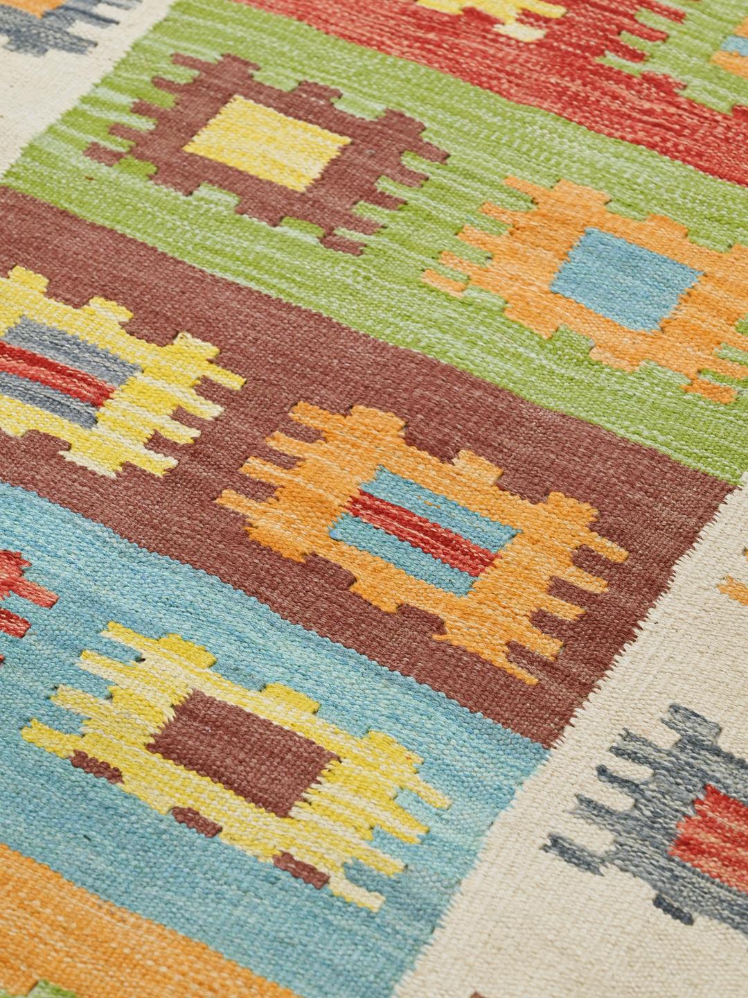 Hand-woven Kelim Afghan Old Style wool runner in beige and multicolor geometric patterns