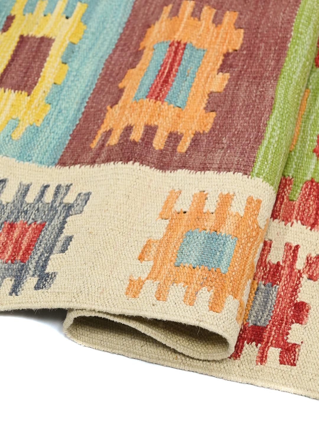 Hand-woven Kelim Afghan Old Style wool runner in beige and multicolor geometric patterns