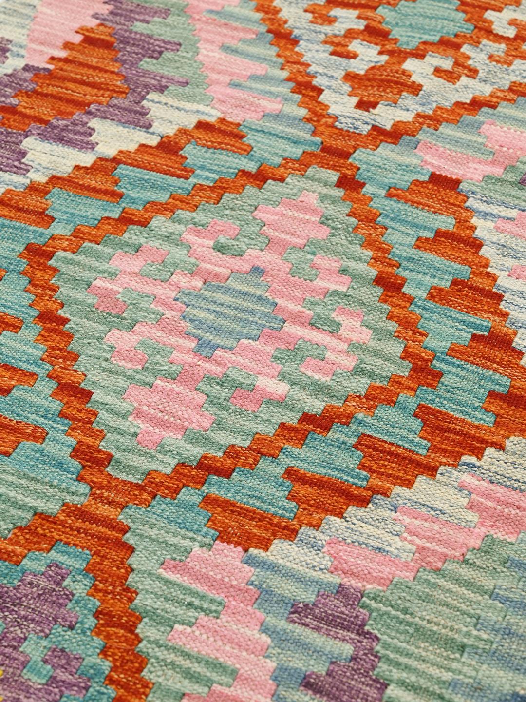 Hand-woven Kelim Afghan Old Style wool runner in multicolor and beige