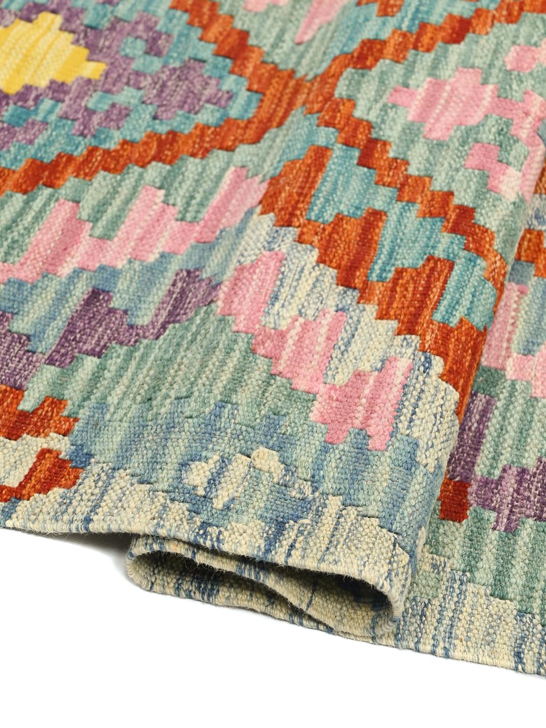 Hand-woven Kelim Afghan Old Style wool runner in multicolor and beige