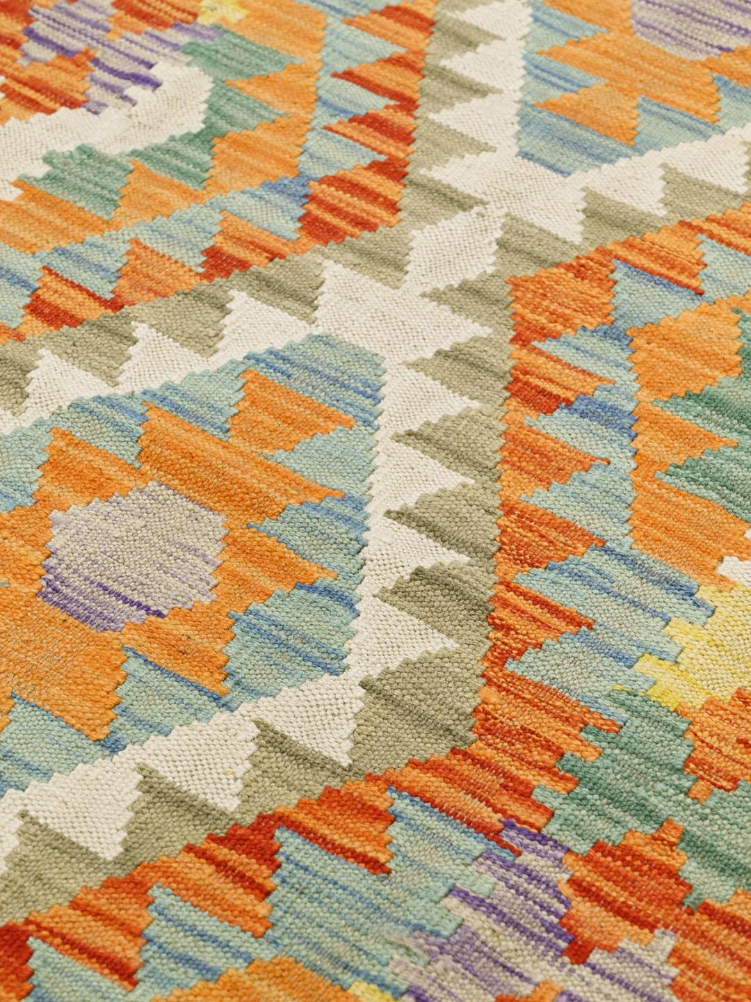 Hand-woven Kelim Afghan runner in orange and multicolor with tribal diamond patterns