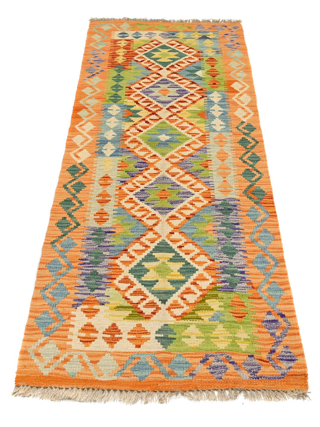 Handwoven orange and multicolor Kelim Afghan Old Style wool runner rug from Afghanistan