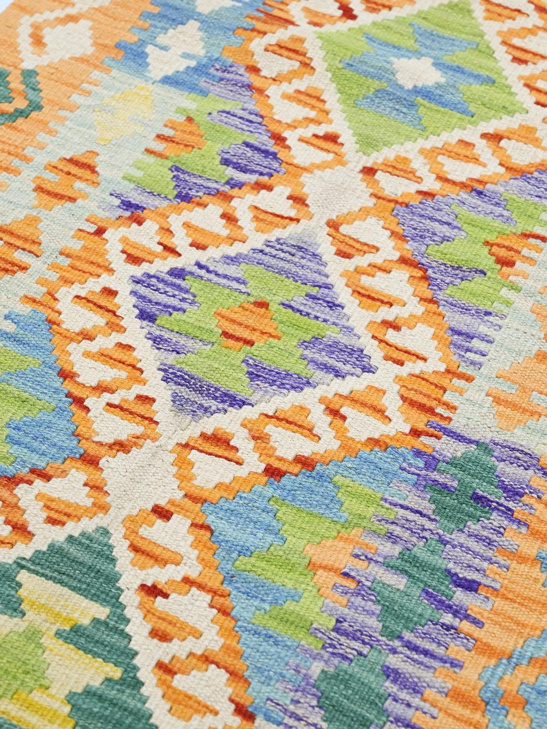 Handwoven orange and multicolor Kelim Afghan Old Style wool runner rug from Afghanistan