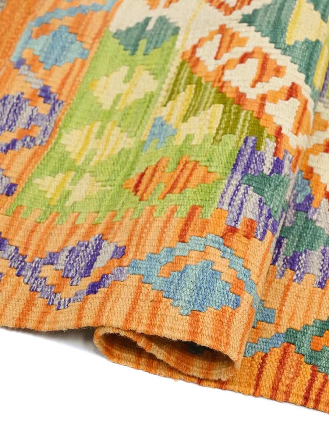 Handwoven orange and multicolor Kelim Afghan Old Style wool runner rug from Afghanistan