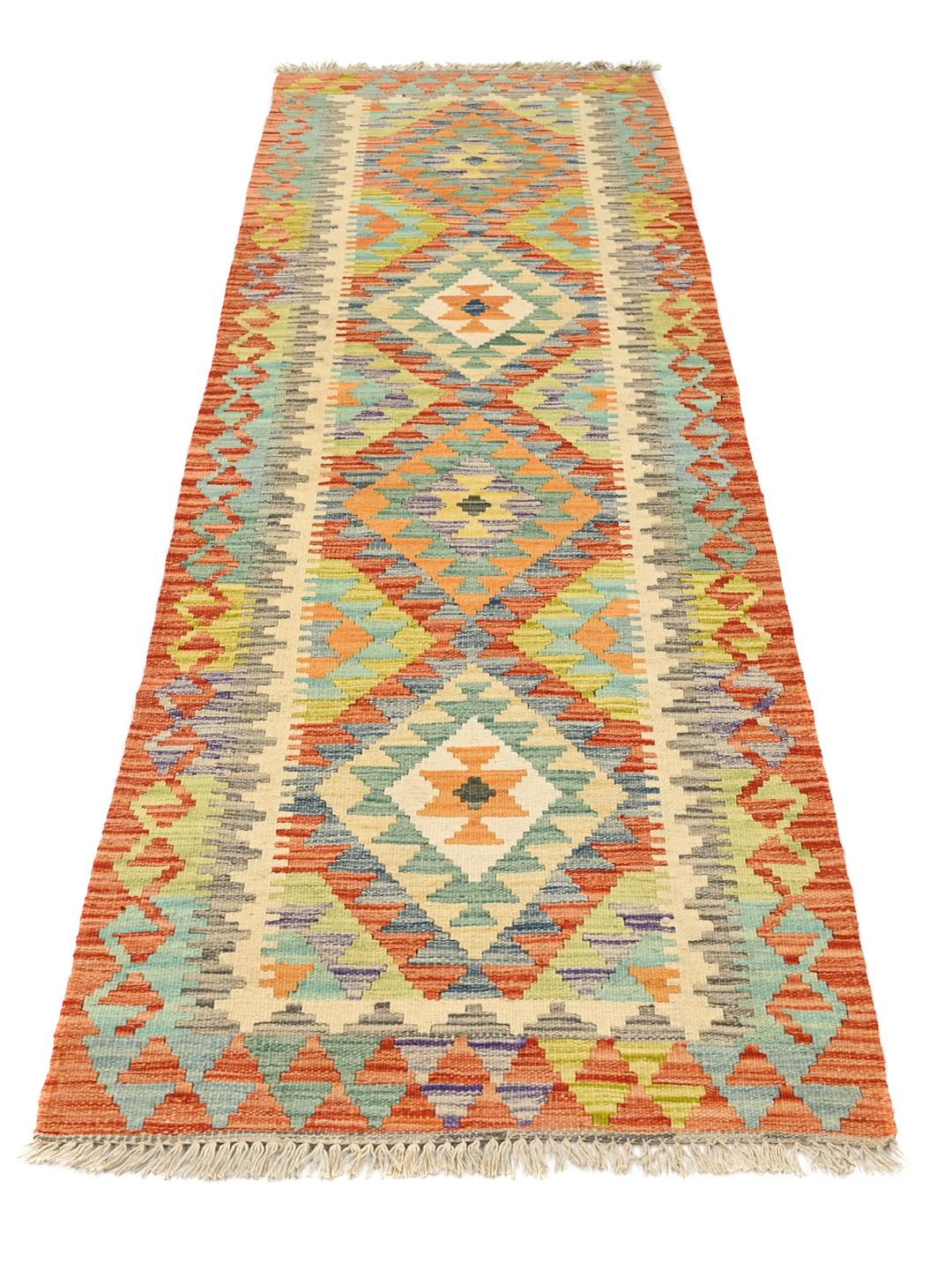 Hand-woven Kelim Afghan Old Style runner rug in orange and multicolor wool