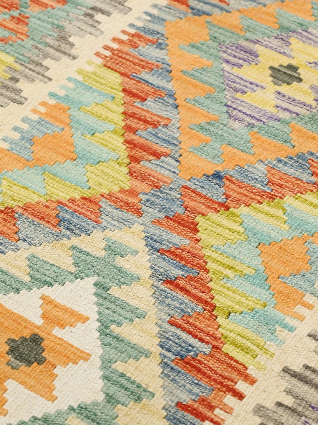 Hand-woven Kelim Afghan Old Style runner rug in orange and multicolor wool