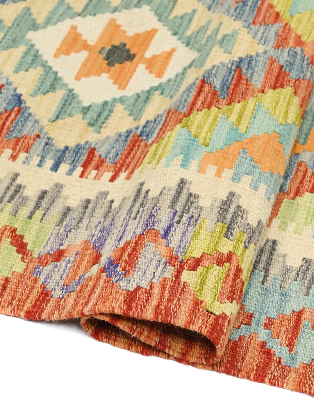 Hand-woven Kelim Afghan Old Style runner rug in orange and multicolor wool