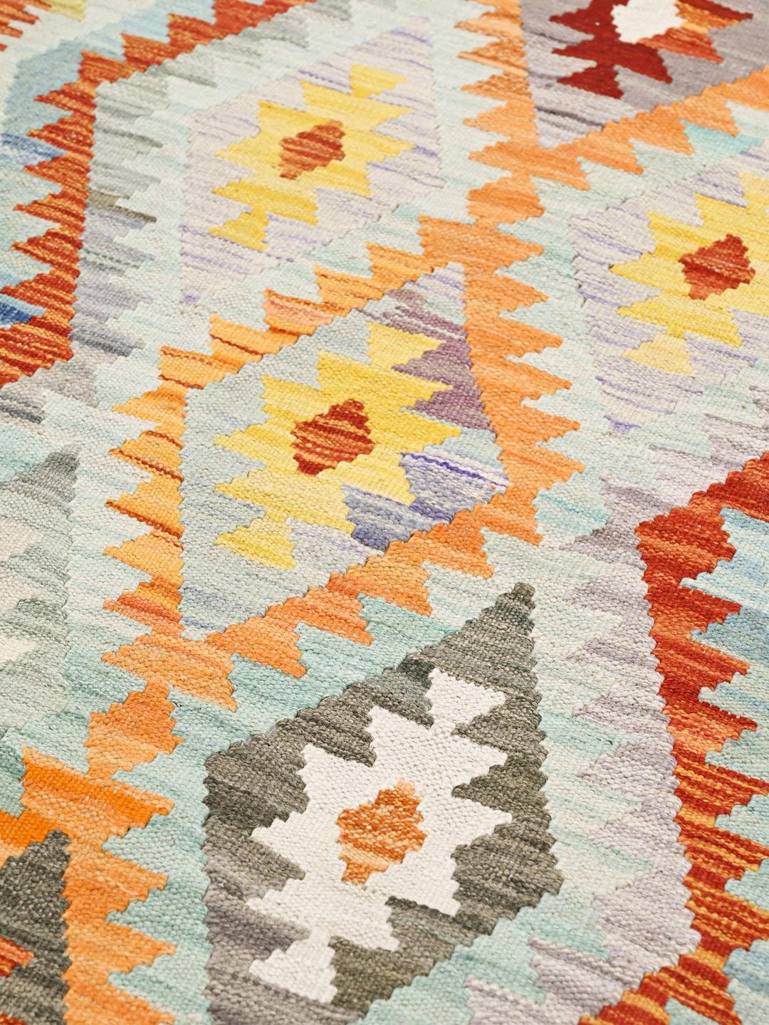 Hand-woven Kelim Afghan Old Style runner in light blue and multicolor wool