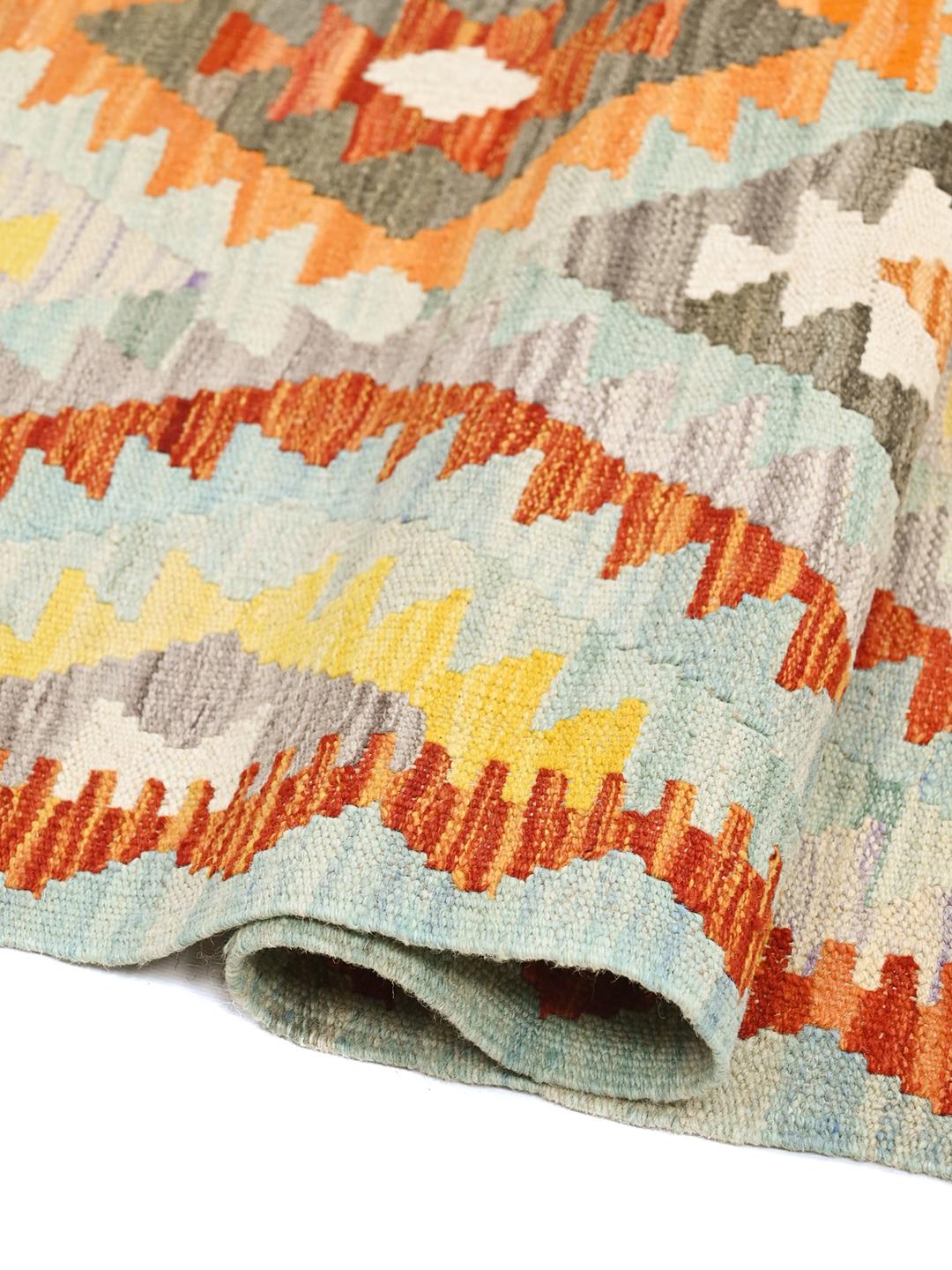 Hand-woven Kelim Afghan Old Style runner in light blue and multicolor wool