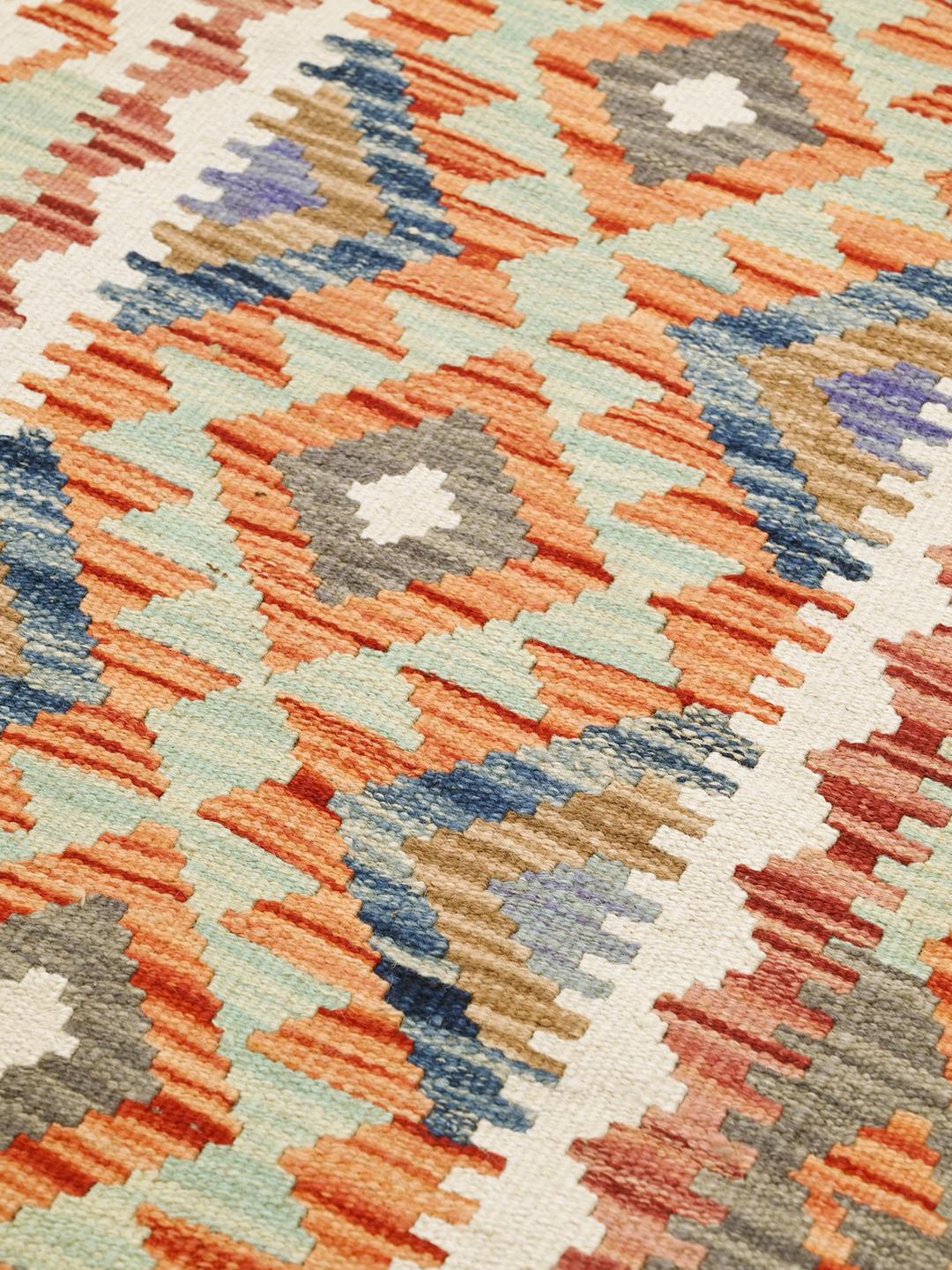 Hand-woven Kelim Afghan Old Style runner rug in red and multicolor wool