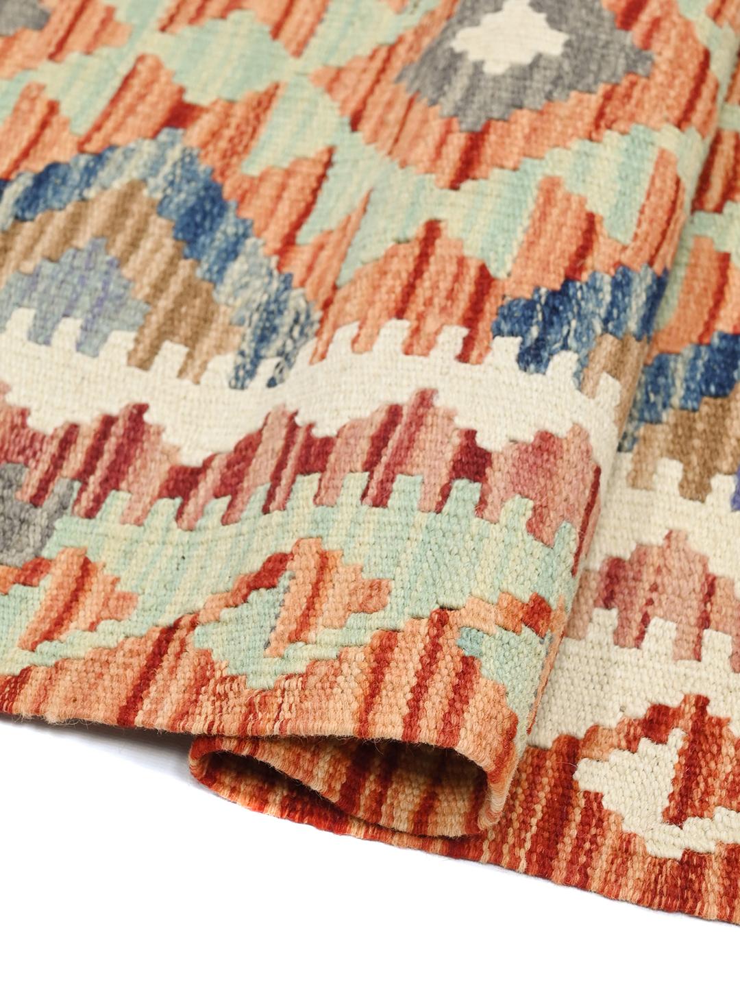 Hand-woven Kelim Afghan Old Style runner rug in red and multicolor wool