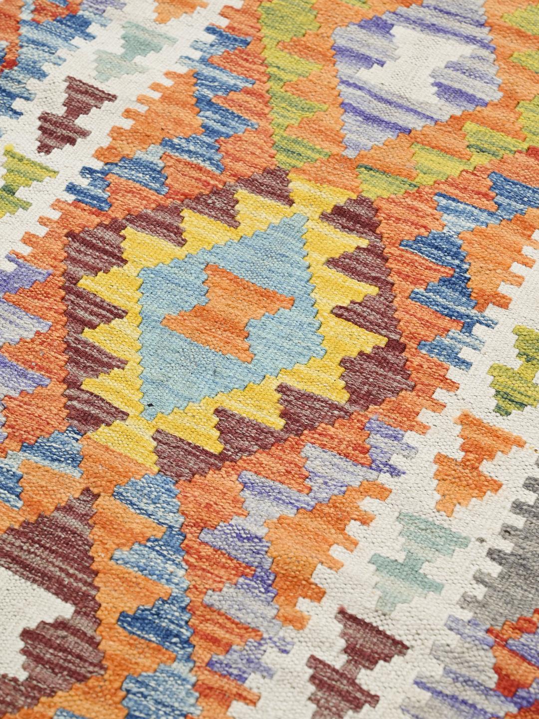 Hand-woven Kelim Afghan Old Style runner rug in orange and multicolor
