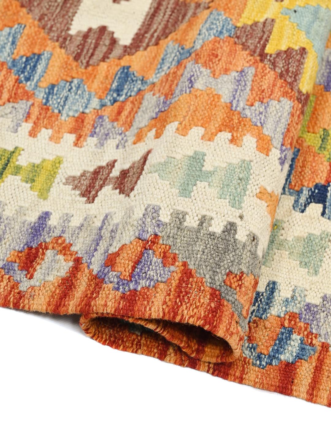 Hand-woven Kelim Afghan Old Style runner rug in orange and multicolor