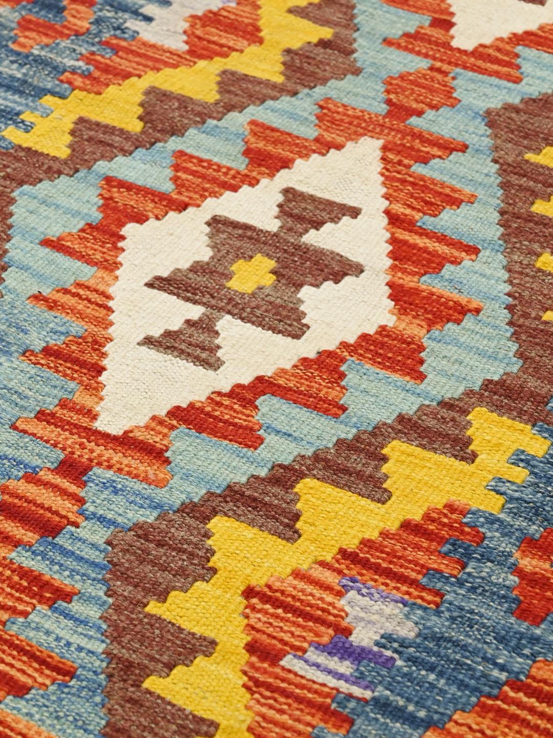 Hand-woven Kelim Afghan Old Style runner rug in red and multicolor