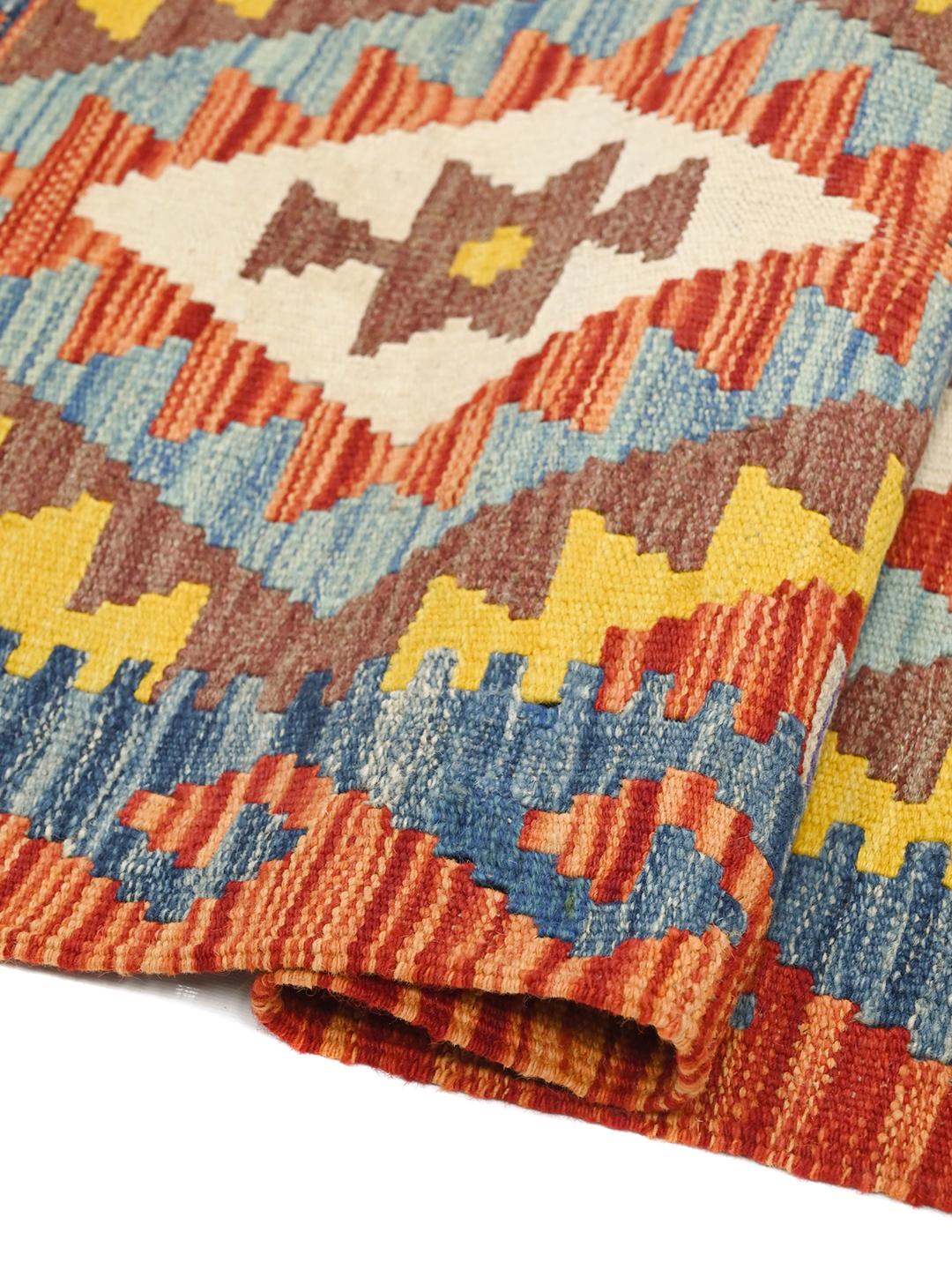 Hand-woven Kelim Afghan Old Style runner rug in red and multicolor