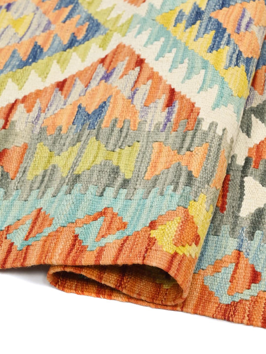 Hand-woven Kelim Afghan Old Style runner rug in orange and multicolor wool