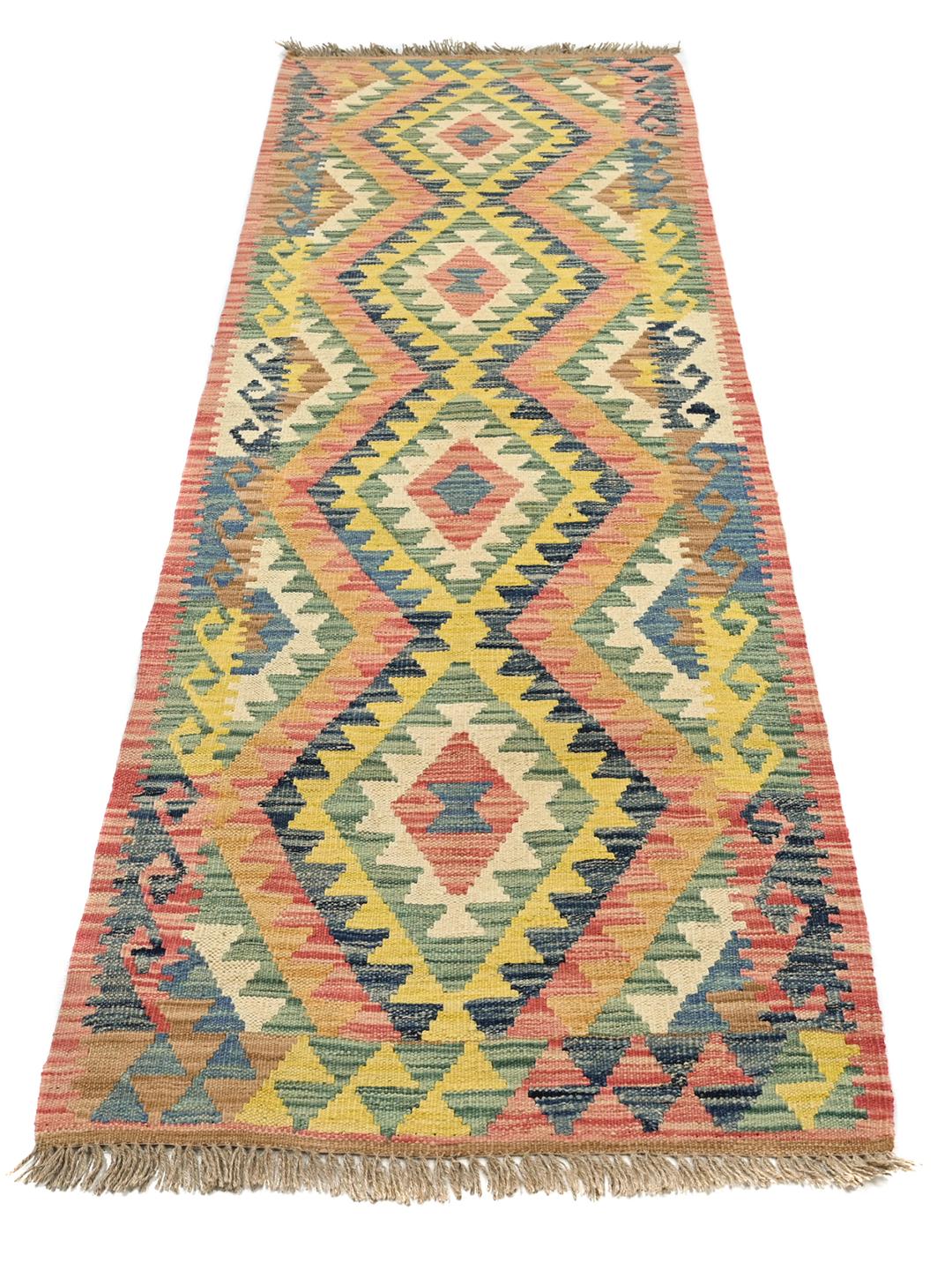Hand-woven Kelim Afghan Old Style runner rug in red and multicolor