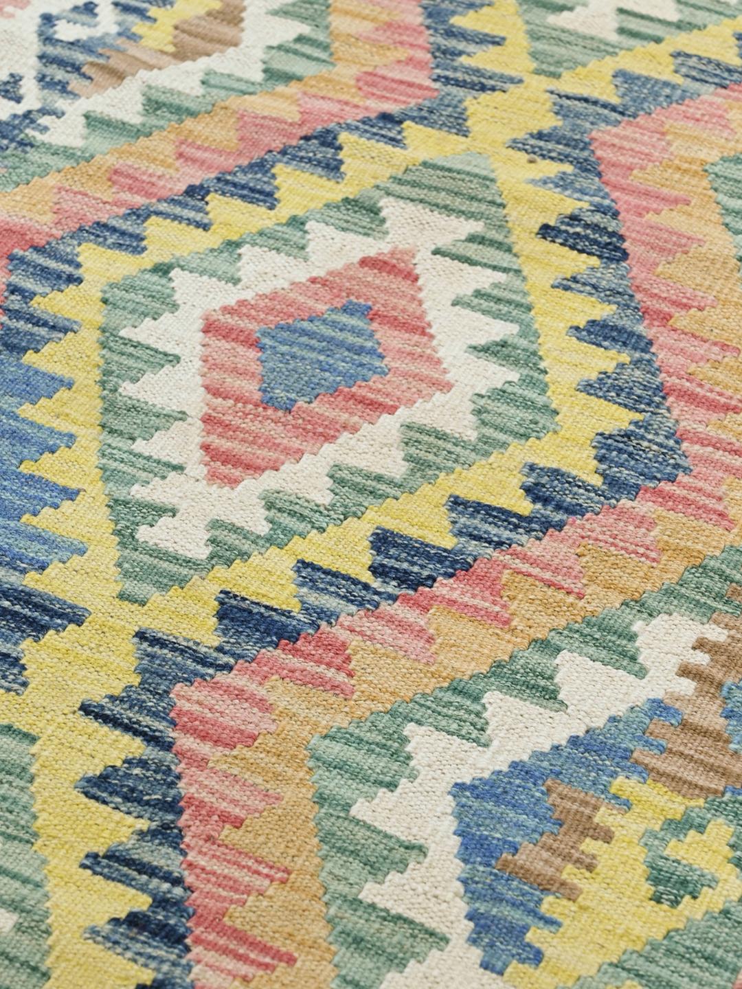 Hand-woven Kelim Afghan Old Style runner rug in red and multicolor