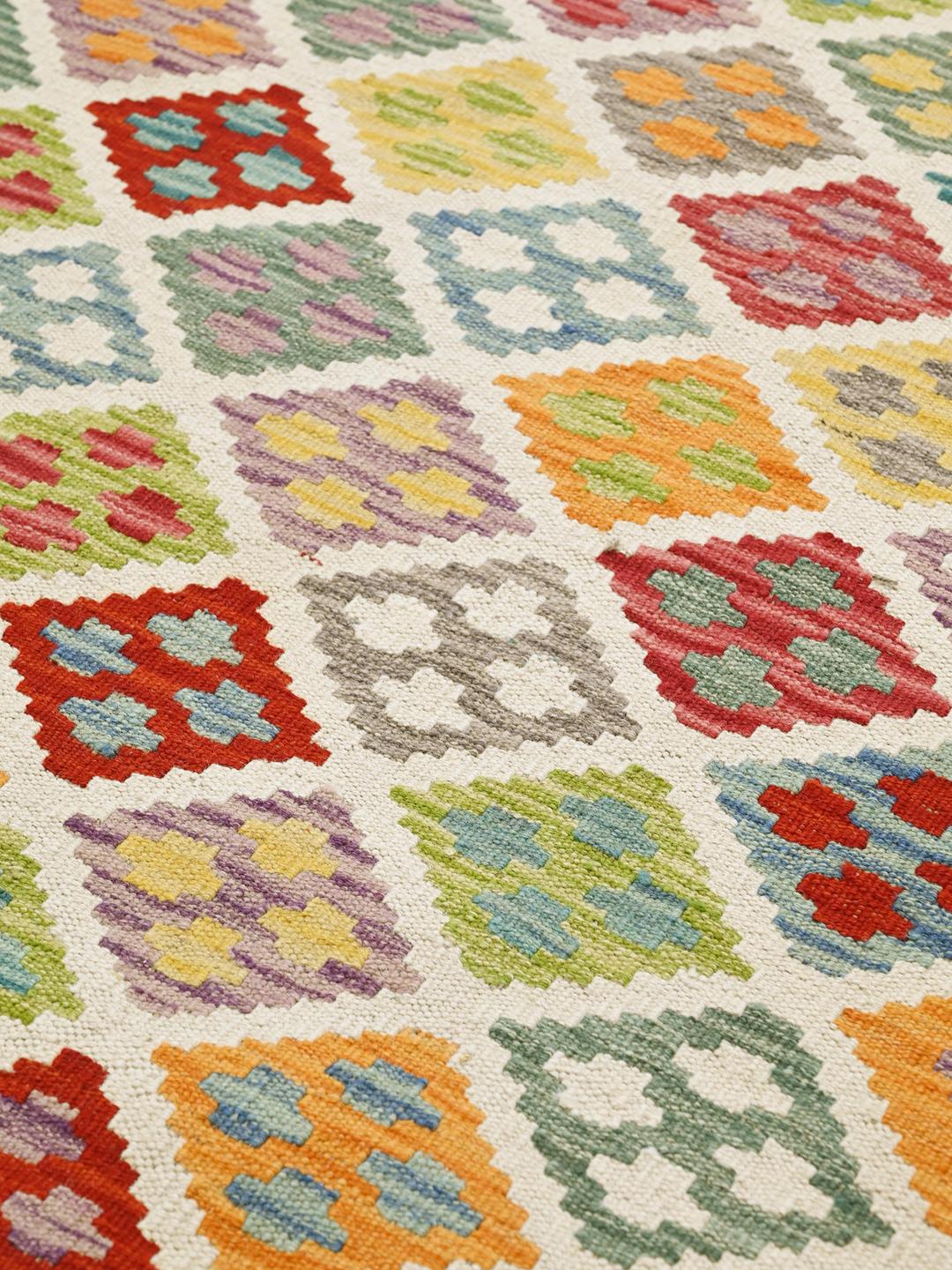 Hand-woven Kelim Afghan Old Style runner rug in beige and multicolor