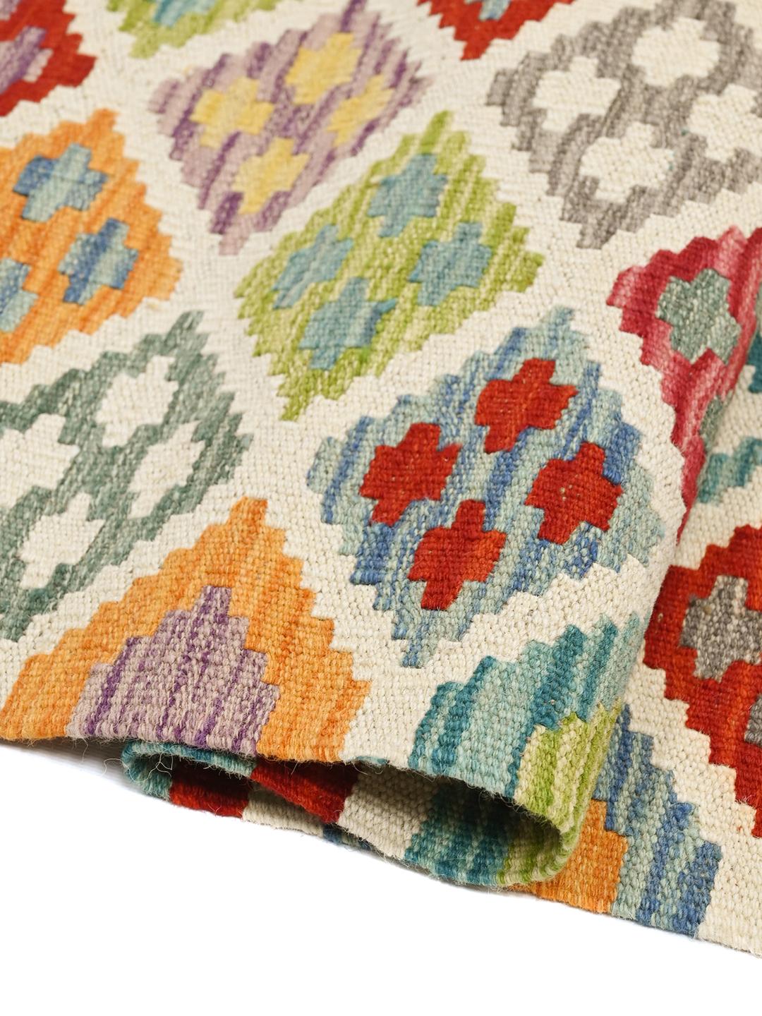 Hand-woven Kelim Afghan Old Style runner rug in beige and multicolor