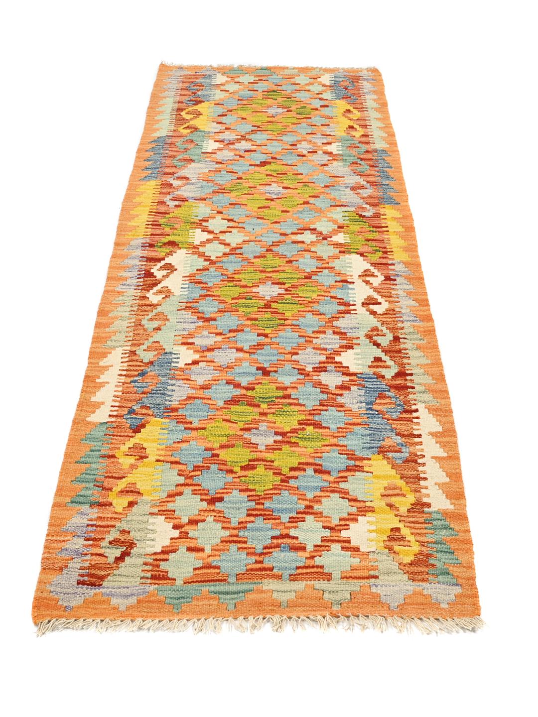 Hand-woven orange Kelim Afghan Old Style runner rug from Afghanistan