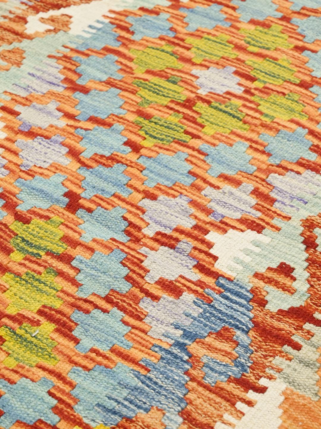 Hand-woven orange Kelim Afghan Old Style runner rug from Afghanistan
