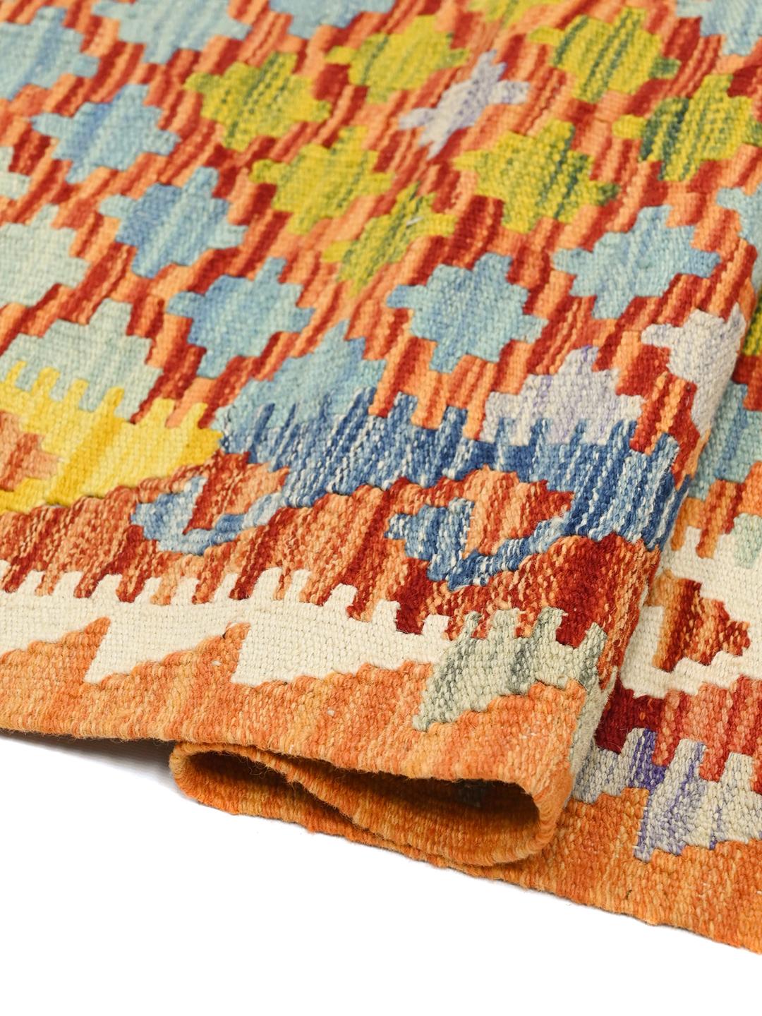 Hand-woven orange Kelim Afghan Old Style runner rug from Afghanistan