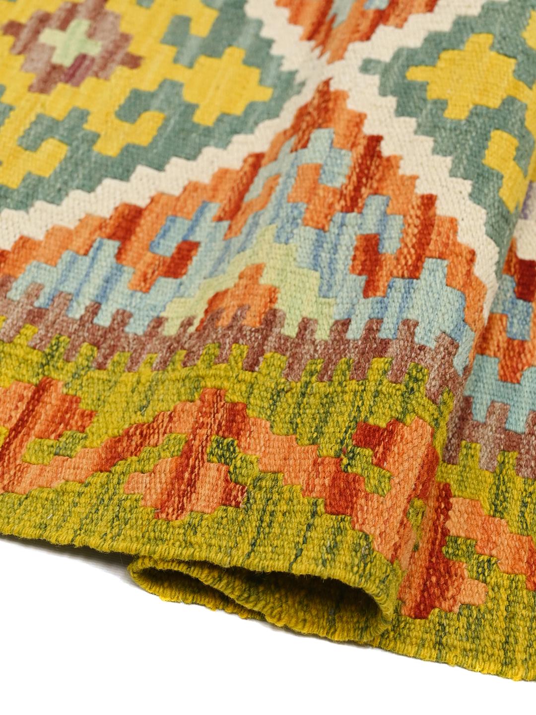 Hand-woven Afghan runner with a vibrant multicolour geometric pattern