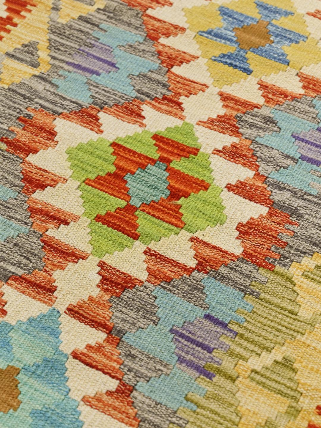 Hand-woven Afghan runner with a geometric pattern in multicolor Wool