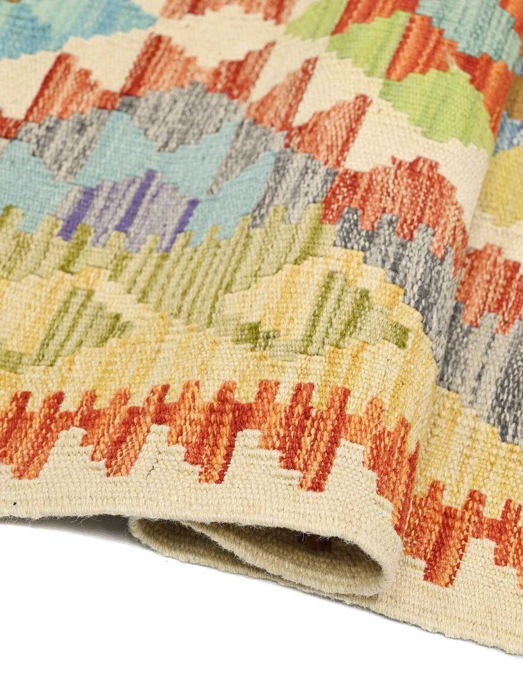 Hand-woven Afghan runner with a geometric pattern in multicolor Wool