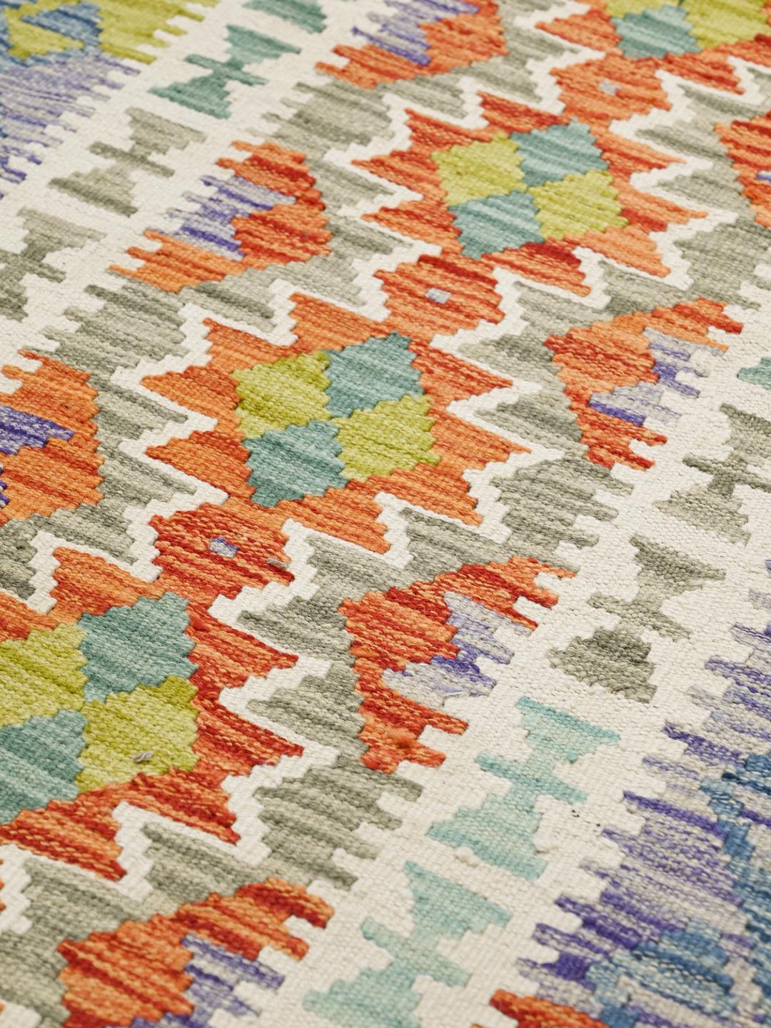 Hand-woven Afghan runner featuring vibrant geometric patterns in multicolor wool.